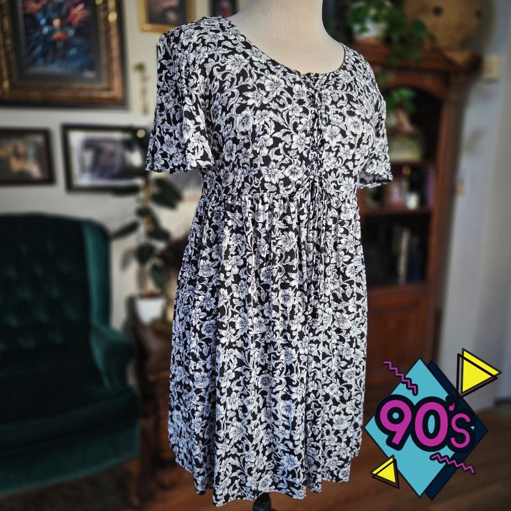 CDC Floral Mini Dress Vintage 90s Black White Empire Waist Grunge Boho Small